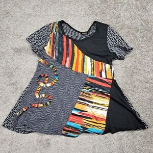Radzoli Women XL Black Mixed Media Patchwork Abstract Print Short Sleeve Top